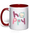 Mug with a colored handle Happy with cat inscription red фото