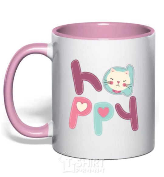 Mug with a colored handle Happy with cat inscription light-pink фото