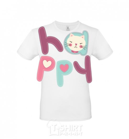 Men's T-Shirt Happy with cat inscription White фото