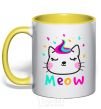 Mug with a colored handle Meow cat yellow фото