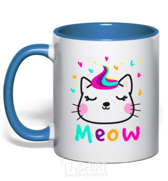 Mug with a colored handle Meow cat royal-blue фото