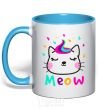Mug with a colored handle Meow cat sky-blue фото