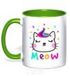 Mug with a colored handle Meow cat kelly-green фото