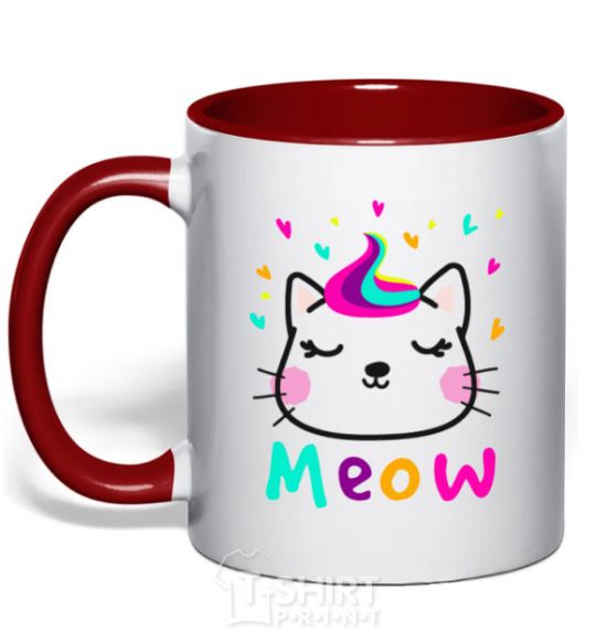 Mug with a colored handle Meow cat red фото
