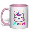 Mug with a colored handle Meow cat light-pink фото