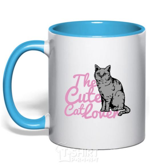 Mug with a colored handle 6834 The cute catlover sky-blue фото