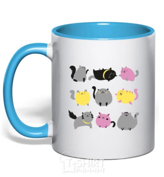 Mug with a colored handle Kitties sky-blue фото