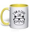 Mug with a colored handle I am a cool cat yellow фото