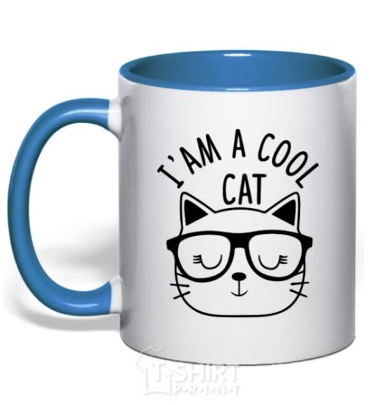 Mug with a colored handle I am a cool cat royal-blue фото
