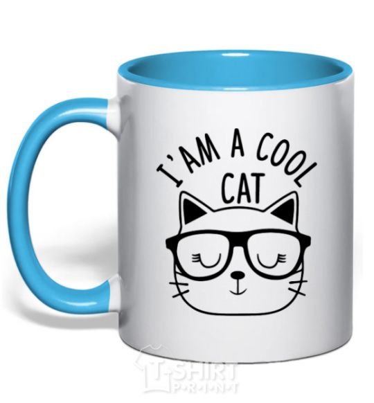 Mug with a colored handle I am a cool cat sky-blue фото