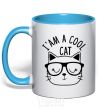 Mug with a colored handle I am a cool cat sky-blue фото