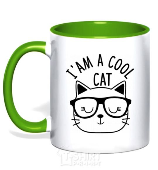 Mug with a colored handle I am a cool cat kelly-green фото