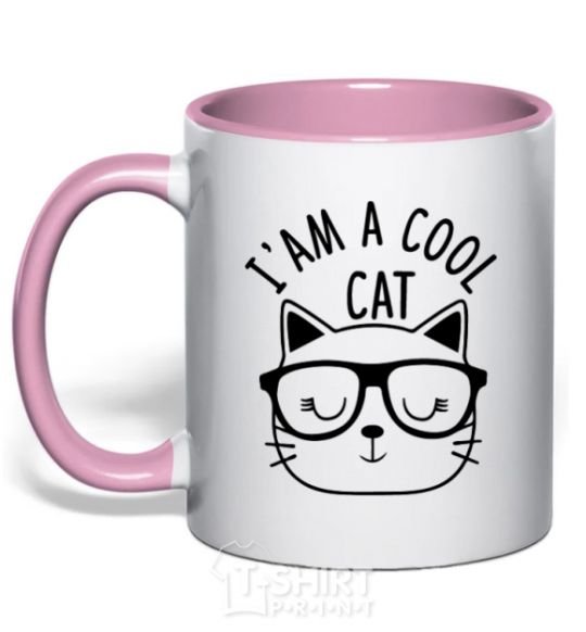 Mug with a colored handle I am a cool cat light-pink фото