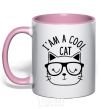 Mug with a colored handle I am a cool cat light-pink фото