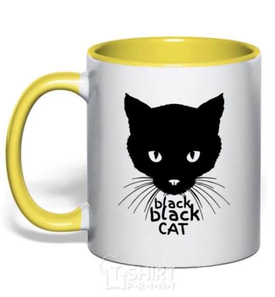 Mug with a colored handle Black black cat yellow фото