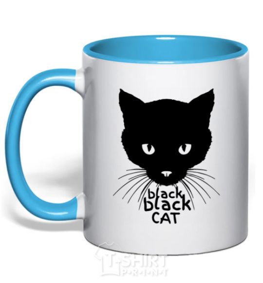 Mug with a colored handle Black black cat sky-blue фото