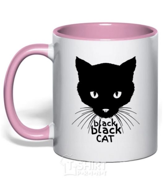 Mug with a colored handle Black black cat light-pink фото