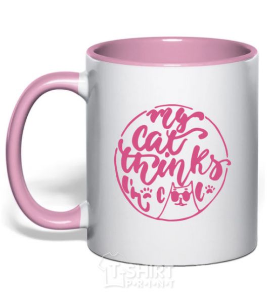 Mug with a colored handle My cat thinks i'm cool light-pink фото