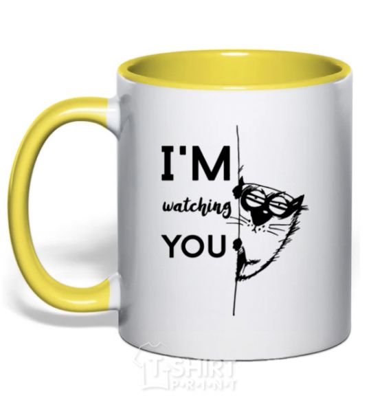 Mug with a colored handle I'm watching you yellow фото