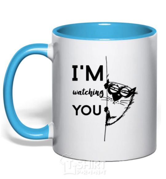 Mug with a colored handle I'm watching you sky-blue фото