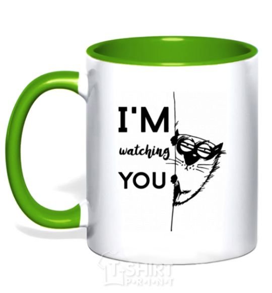 Mug with a colored handle I'm watching you kelly-green фото