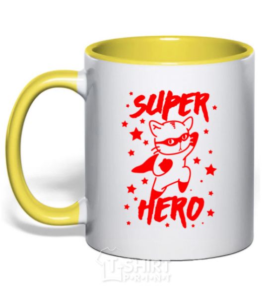 Mug with a colored handle Super hero cat yellow фото