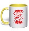 Mug with a colored handle Super hero cat yellow фото