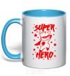 Mug with a colored handle Super hero cat sky-blue фото