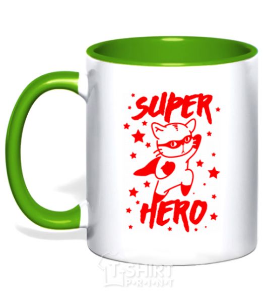 Mug with a colored handle Super hero cat kelly-green фото