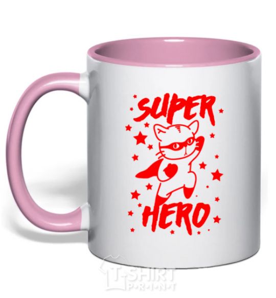 Mug with a colored handle Super hero cat light-pink фото