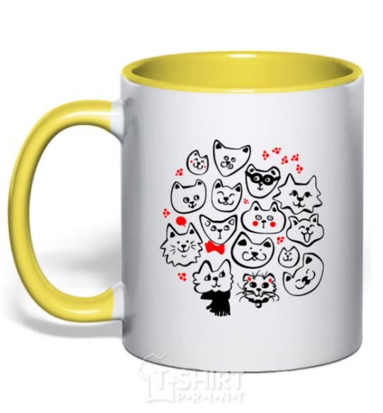 Mug with a colored handle Cat's faces yellow фото