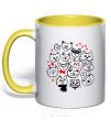 Mug with a colored handle Cat's faces yellow фото