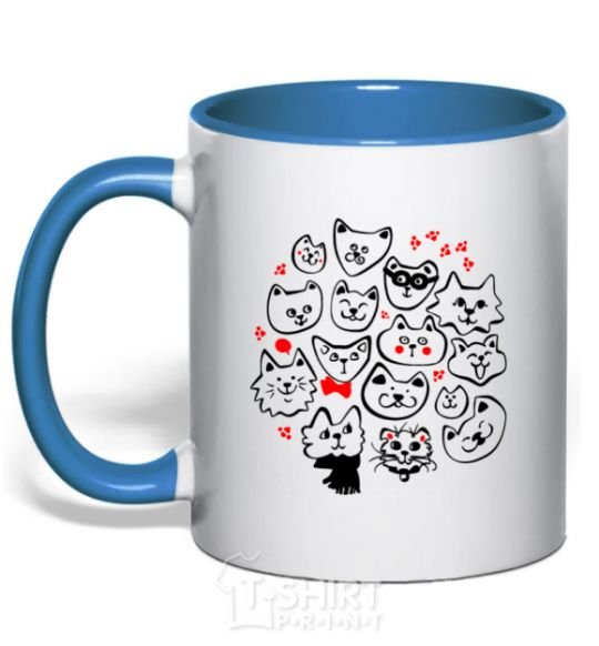 Mug with a colored handle Cat's faces royal-blue фото