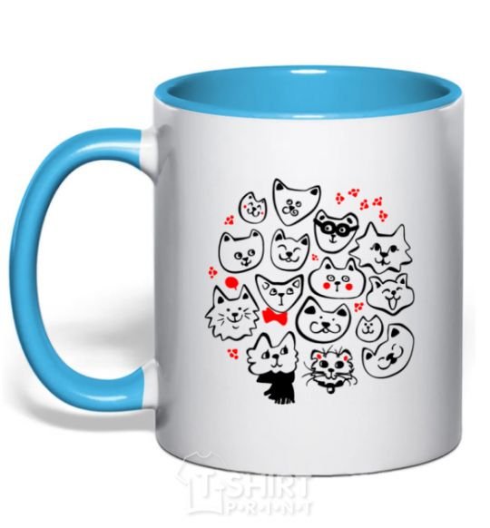 Mug with a colored handle Cat's faces sky-blue фото