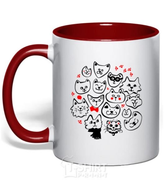 Mug with a colored handle Cat's faces red фото