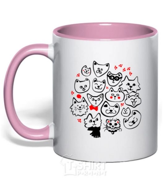 Mug with a colored handle Cat's faces light-pink фото