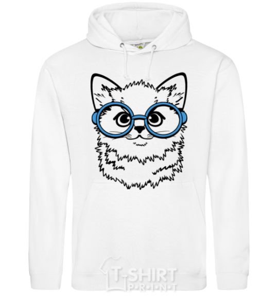 Men`s hoodie Кitten in blue glasses White фото