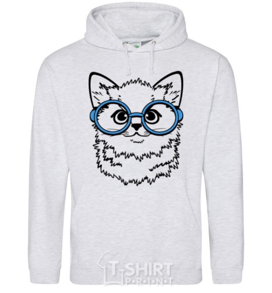 Men`s hoodie Кitten in blue glasses sport-grey фото