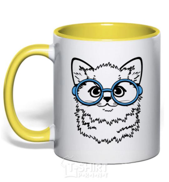 Mug with a colored handle Кitten in blue glasses yellow фото