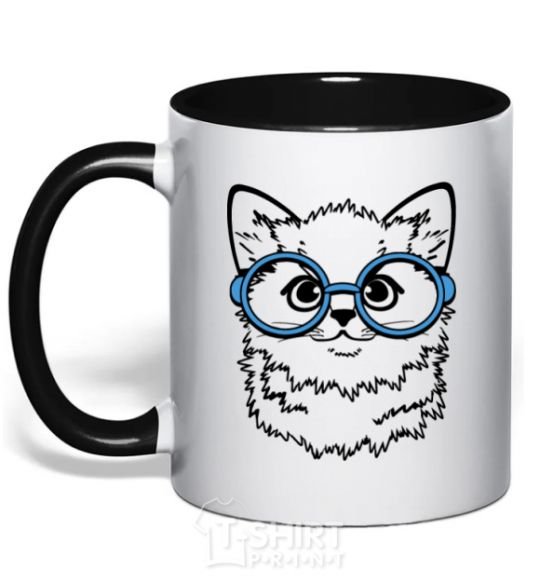 Mug with a colored handle Кitten in blue glasses black фото