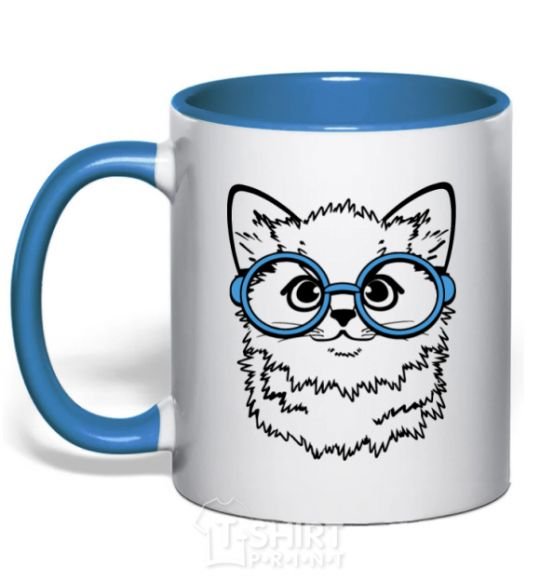 Mug with a colored handle Кitten in blue glasses royal-blue фото