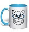 Mug with a colored handle Кitten in blue glasses sky-blue фото