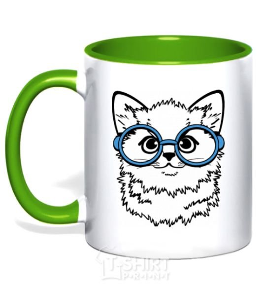 Mug with a colored handle Кitten in blue glasses kelly-green фото