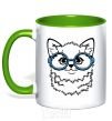 Mug with a colored handle Кitten in blue glasses kelly-green фото