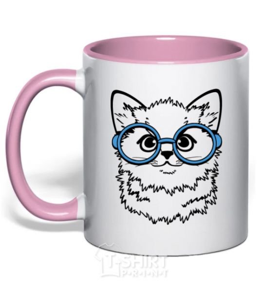 Mug with a colored handle Кitten in blue glasses light-pink фото