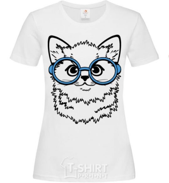 Women's T-shirt Кitten in blue glasses White фото