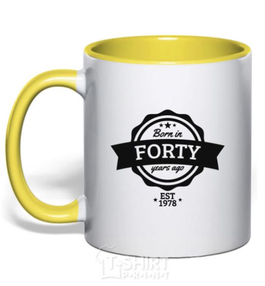 Mug with a colored handle Born in forty years ago yellow фото