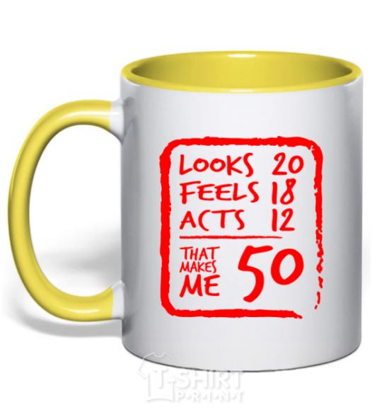 Mug with a colored handle That makes me 50 yellow фото