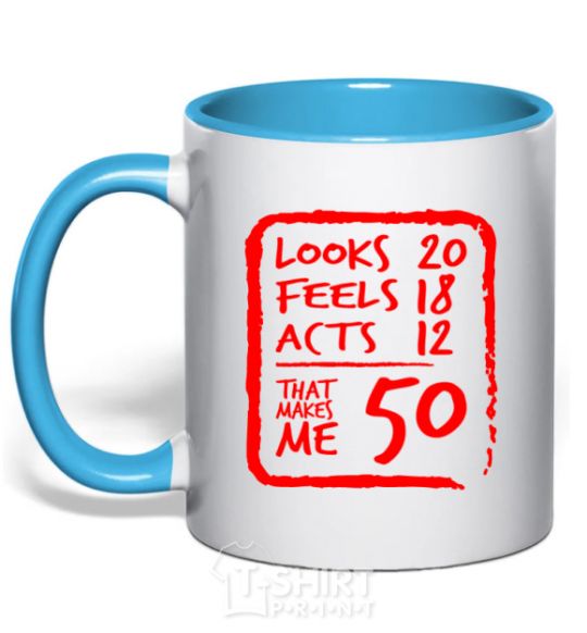 Mug with a colored handle That makes me 50 sky-blue фото