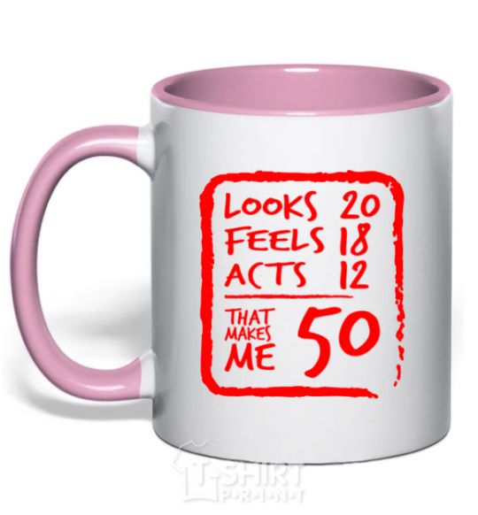Mug with a colored handle That makes me 50 light-pink фото